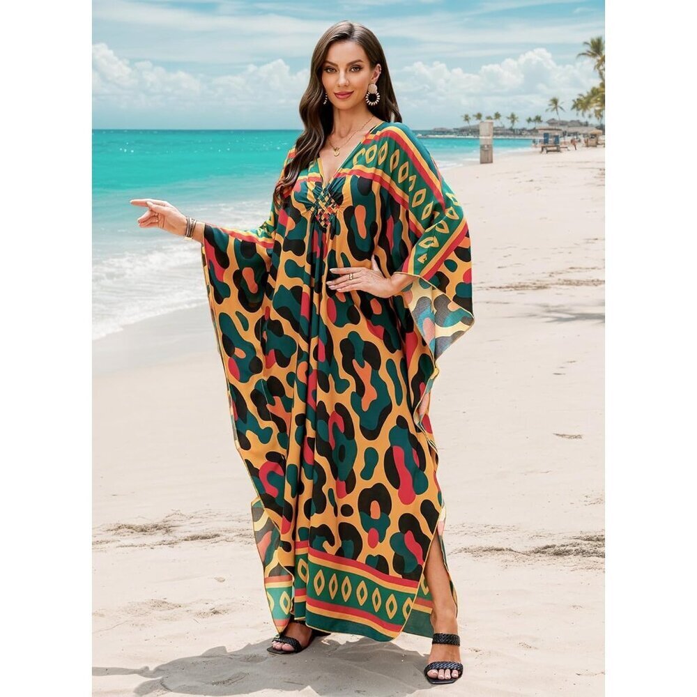 Women Orange & Green V-neck Batwing Sleeve Flowy Split Hem Bohemian Kaftan Dress - Picture 5 of 7